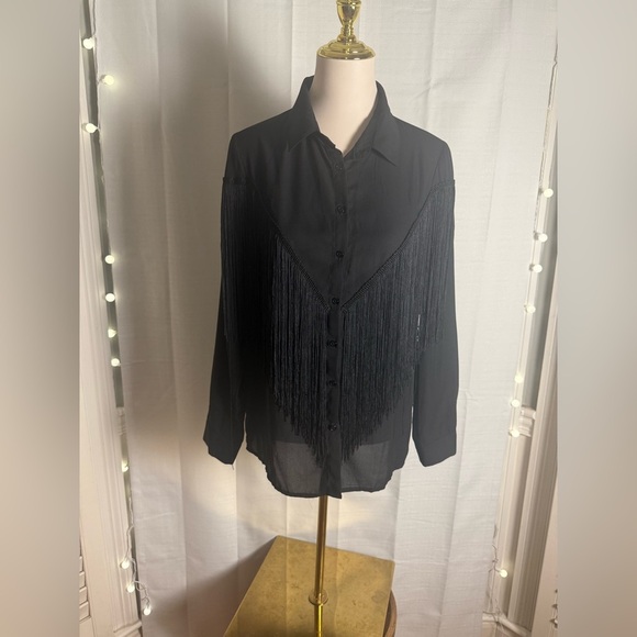 Timing Black Long Sleeve Notched Collar Button Down Fringe Shirt - Picture 1 of 9